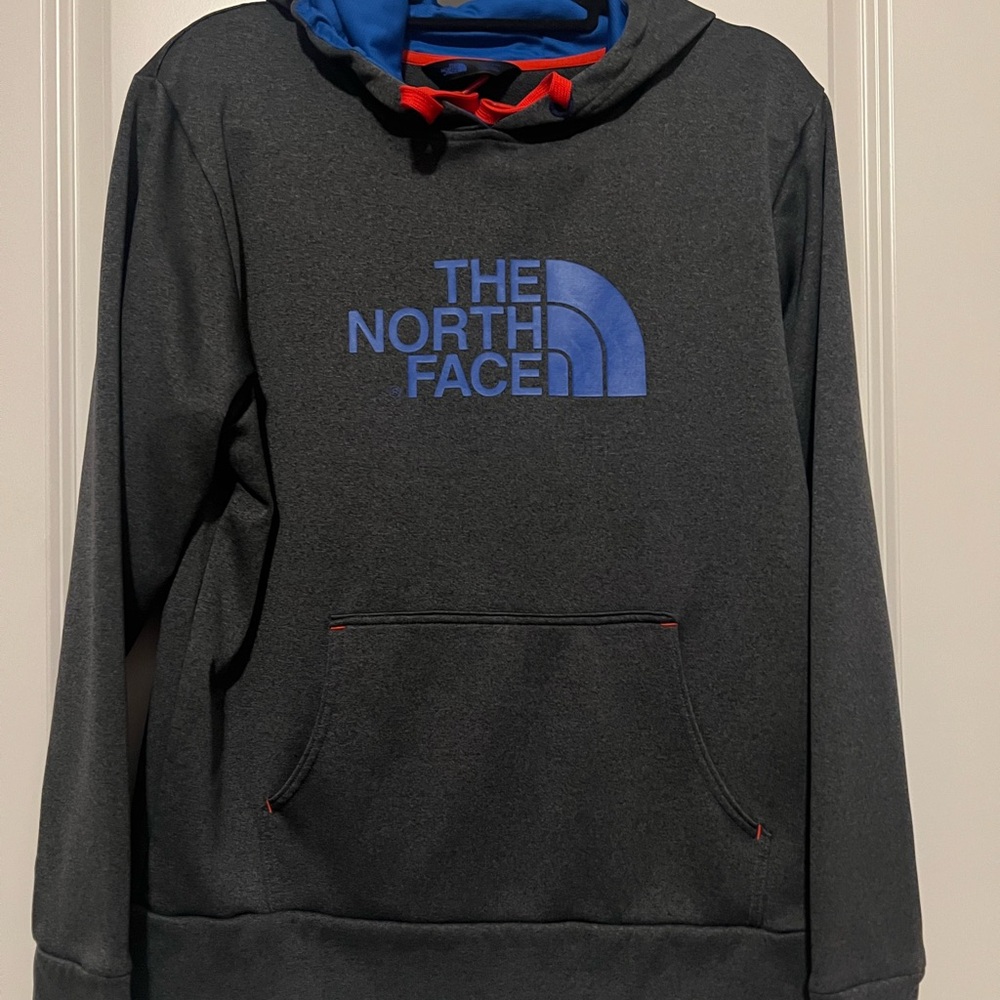 The North Face Men's Charcoal Hoodie with Blue Logo